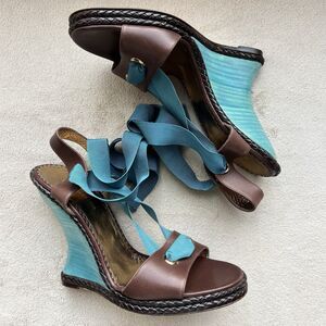 BCBGMAXAZRIA Brown Turquoise Wide Strap Stacked Wedge Heel Sandals Women 39 US 9